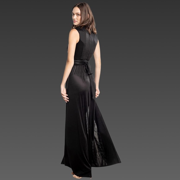 NWT DRESS THE POPULATION Krista VNeck Tie Waist Coated Jersey Maxi Dress Sz Lg - Picture 3 of 5